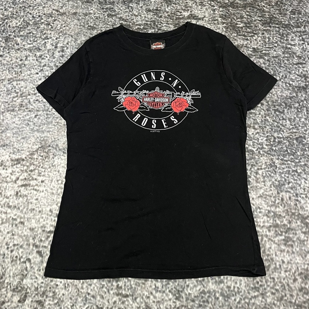 Harley Davidson Guns N Roses Shirt Womens Size‎ XL Black Biker Logo Double Sided
